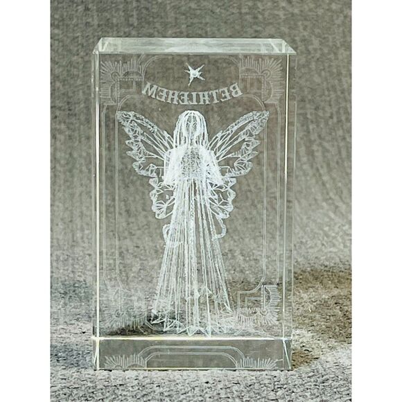 Holographic Angel  Bethlehem Etched Crystal Glass Cubed Paperweight - Picture 2 of 6
